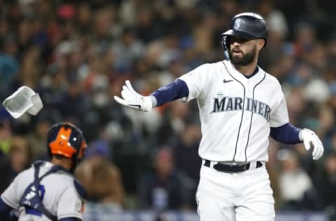 SEATTLE, WASHINGTON – APRIL 15: Jesse Winker #27 of the Seattle Mariners is walked against the Houston Astros during the sixth inning at T-Mobile Park on April 15, 2022 in Seattle, Washington. All players are wearing the number 42 in honor of Jackie Robinson Day. (Photo by Steph Chambers/Getty Images)