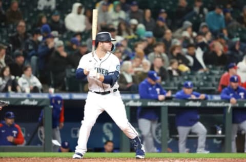 SEATTLE, WASHINGTON – APRIL 19: Ty France #23 of the Seattle Mariners at bat against the Texas Rangers during the fifth inning at T-Mobile Park on April 19, 2022 in Seattle, Washington. (Photo by Abbie Parr/Getty Images)