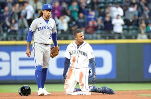 SEATTLE, WASHINGTON – APRIL 22: Julio Rodriguez #44 of the Seattle Mariners celebrates after hitting a two-run double against the Kansas City Royals to take a 2-0 lead during the fourth inning at T-Mobile Park on April 22, 2022 in Seattle, Washington. (Photo by Abbie Parr/Getty Images)