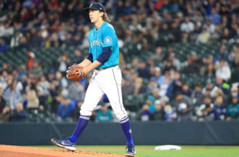 SEATTLE, WASHINGTON – MAY 06: Logan Gilbert #36 of the Seattle Mariners reacts against the Tampa Bay Rays during the first inning at T-Mobile Park on May 06, 2022 in Seattle, Washington. (Photo by Abbie Parr/Getty Images)