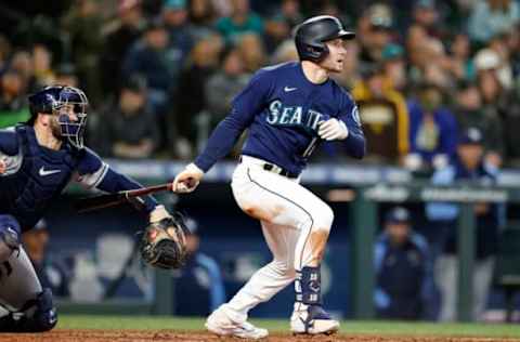 SEATTLE, WASHINGTON – MAY 07: Jarred Kelenic #10 of the Seattle Mariners at bat against the Tampa Bay Rays at T-Mobile Park on May 07, 2022 in Seattle, Washington. (Photo by Steph Chambers/Getty Images)