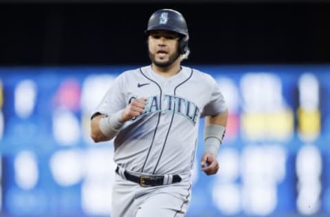 TORONTO, ON – MAY 17: Eugenio Suarez #28 of the Seattle Mariners runs to third on a Julio Rodriguez #44 double in the second inning of their MLB game against the Toronto Blue Jays at Rogers Centre on May 17, 2022 in Toronto, Canada. (Photo by Cole Burston/Getty Images)