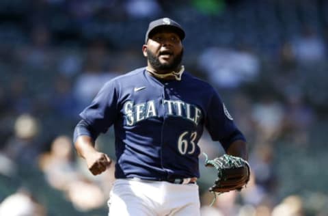 SEATTLE, WASHINGTON – MAY 25: Diego Castillo #63 of the Seattle Mariners reacts during the eighth inning against the Oakland Athletics at T-Mobile Park on May 25, 2022 in Seattle, Washington. (Photo by Steph Chambers/Getty Images)