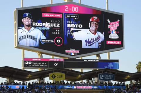 LOS ANGELES, CALIFORNIA – JULY 18: The scoreboard is seen prior to the final round of the 2022 T-Mobile Home Run Derby at Dodger Stadium on July 18, 2022 in Los Angeles, California. (Photo by Kevork Djansezian/Getty Images)