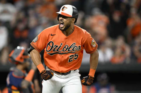 BALTIMORE, MARYLAND – SEPTEMBER 24: Anthony Santander #25 of the Baltimore Orioles celebrates after hitting a home run against the Houston Astros at Oriole Park at Camden Yards on September 24, 2022 in Baltimore, Maryland. (Photo by G Fiume/Getty Images)