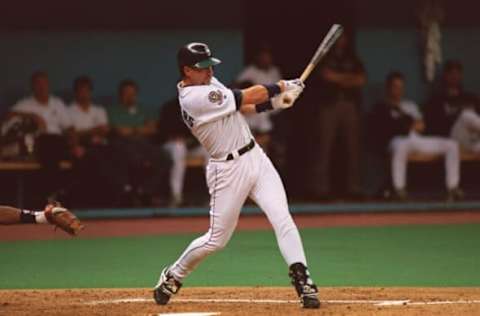 10 OCT 1995: SEATTLE MARINERS THIRD BASEMAN MIKE BLOWERS HITS A TWO-RUN HOMER IN THE SECOND INNING OF THE MARINERS GAME VERSUS THE CLEVELAND INDIANS IN GAME ONE OF THE AMERICAN LEAGUE CHAMPIONSHIP SERIES AT THE KINGDOME IN SEATTLE, WASHINGTON. SEATTLE W