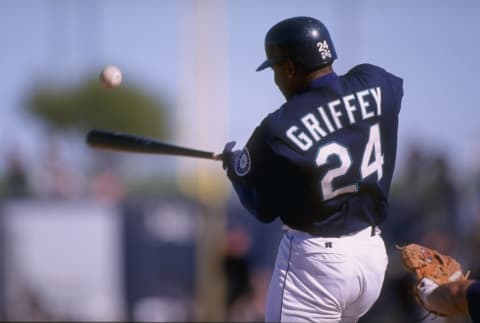 28 Feb 1998: Ken Griffey Jr. #24 of the Seattle Mariners makes contact. Mandatory Credit: Otto Greule Jr. /Allsport