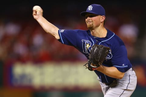 ST. LOUIS, MO – JULY 22: Kirby Yates of the Tampa Bay Rays pitches against the St. Louis Cardinals. (Photo by Dilip Vishwanat/Getty Images)