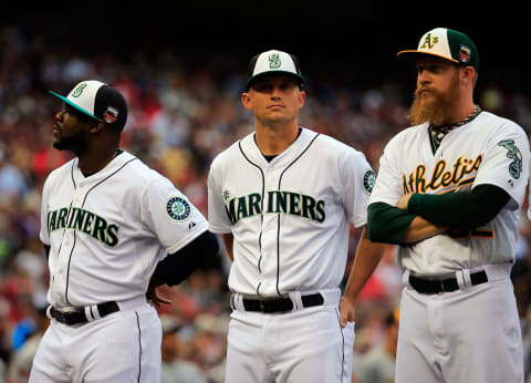 MINNEAPOLIS, MN – JULY 15: American League All-Stars Fernando Rodney and Kyle Seager of the Seattle Mariners and Sean Doolittle of the Athletics during the 2014 MLB All-Star Game. (Photo by Rob Carr/Getty Images)