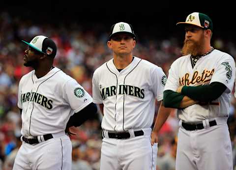 MINNEAPOLIS, MN – JULY 15: Fernando Rodney and Kyle Seager of the Seattle Mariners and Sean Doolittle of the Athletics during the 2014 MLB All-Star Game. (Photo by Rob Carr/Getty Images)