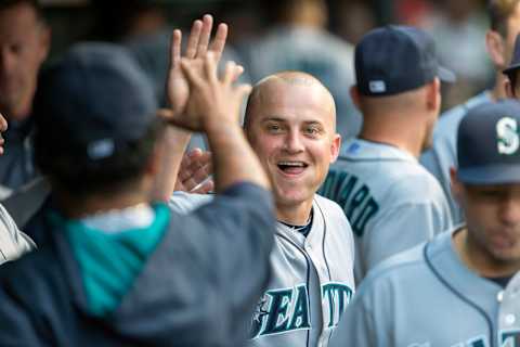 CLEVELAND, OH – JULY 29: Kyle Seager of the Seattle Mariners celebrates in the dugout after scoring. (Photo by Jason Miller/Getty Images)