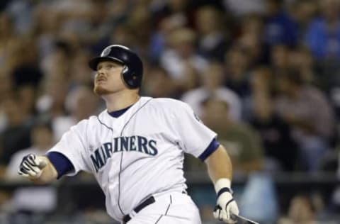 SEATTLE – AUGUST 25: Bucky Jacobsen #33 of the Seattle Mariners watches his three run home run in the sixth inning against the Tampa Bay Devil Rays on August 25, 2004 at Safeco Field in Seattle, Washington. The Devil Rays defeated the Mariners 6-5. (Photo by Otto Greule Jr/Getty Images)