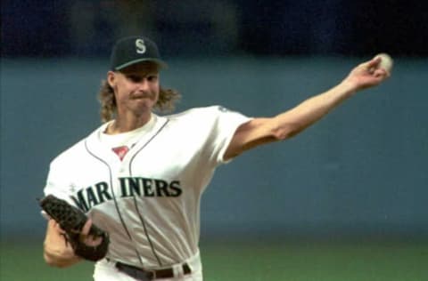 SEATTLE, UNITED STATES: Seattles Mariners pitcher Randy Johnson hurls a pitch. AFP PHOTO (Photo credit should read Vince Bucci/AFP via Getty Images)