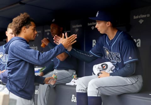 NEW YORK, NY – APRIL 23: Chris Archer #22 of the Tampa Bay Rays greets Blake Snell #4 before the game against the New York Yankees at Yankee Stadium on April 23, 2016 in the Bronx borough of New York City.This is Snell’s major league debut. (Photo by Elsa/Getty Images)