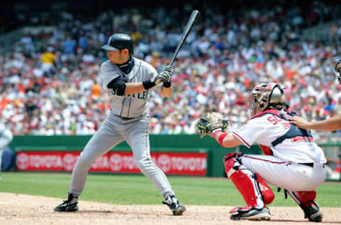 WASHINGTON – JUNE 12: Ichiro Suzuki #51 of the Seattle Mariners bats during the game with the Washington Nationals on May 19, 2005 at RFK Stadium in Washington, DC. the Nats won 3-2. (Photo By Jamie Squire/Getty Images)