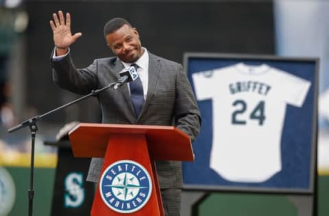 SEATTLE, WA – AUGUST 06: Former Mariner Ken Griffey Jr. waves to the crowd during a jersey retirement ceremony prior to the game between the Seattle Mariners and the Los Angeles Angels of Anaheim at Safeco Field on August 6, 2016 in Seattle, Washington. (Photo by Otto Greule Jr/Getty Images)