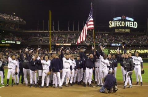 19 Sep 2001 : The Seattle Mariners celebrate their victory over the Anaheim Angels during the game at Safeco Field in Seattle, Washington. The Mariners won 5-0. DIGITAL IMAGE. Mandatory Credit : Otto Greule /Allsport