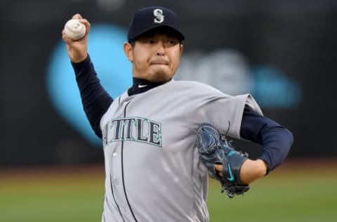 OAKLAND, CA – APRIL 21: Hisashi Iwakuma #18 of the Seattle Mariners pitches against the Oakland Athletics in the bottom of the first inning at Oakland Alameda Coliseum on April 21, 2017 in Oakland, California. (Photo by Thearon W. Henderson/Getty Images)