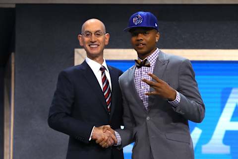 NEW YORK, NY – JUNE 22: Markelle Fultz walks on stage with NBA commissioner Adam Silver after being drafted first overall by the Philadelphia 76ers during the first round of the 2017 NBA Draft at Barclays Center on June 22, 2017 in New York City. NOTE TO USER: User expressly acknowledges and agrees that, by downloading and or using this photograph, User is consenting to the terms and conditions of the Getty Images License Agreement. (Photo by Mike Stobe/Getty Images)