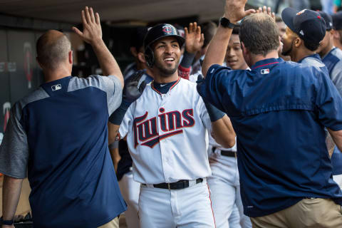 MINNEAPOLIS, MN- JUNE 13: Eddie Rosario #20 of the Minnesota Twins celebrates after hitting a home run against the Seattle Mariners on June 13, 2017 at Target Field in Minneapolis, Minnesota. The Twins defeated the Mariners 20-7. (Photo by Brace Hemmelgarn/Minnesota Twins/Getty Images)