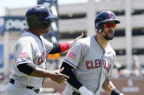 DETROIT, MI – JULY 2: Lonnie Chisenhall #8 of the Cleveland Indians is congratulated by Jose Ramirez #11 of the Cleveland Indians after hitting two-run home run against the Detroit Tigers during the second inning at Comerica Park on July 2, 2017, in Detroit, Michigan. (Photo by Duane Burleson/Getty Images)