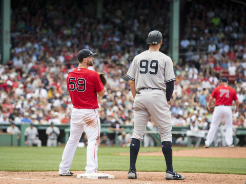 BOSTON, MA – JULY 16: Sam Travis of the Red Sox looks up to Aaron Judge. He is a Seattle Mariners player now. (Photo by Michael Ivins/Boston Red Sox/Getty Images)