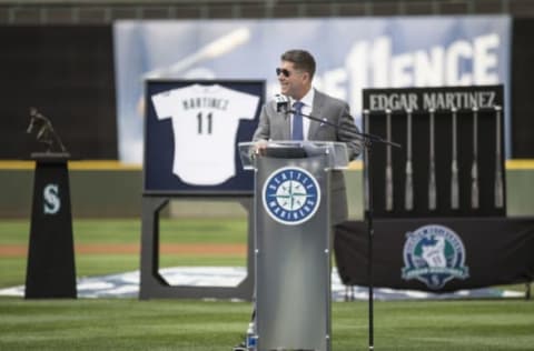 SEATTLE, WA – AUGUST 12: Former Seattle Mariner and current hitting coach Edgar Martinez speaks during a ceremony to retire his number before a game between the Los Angeles Angels of Anaheim and the Seattle Mariners at Safeco Field on August 12, 2017 in Seattle, Washington. (Photo by Stephen Brashear/Getty Images)