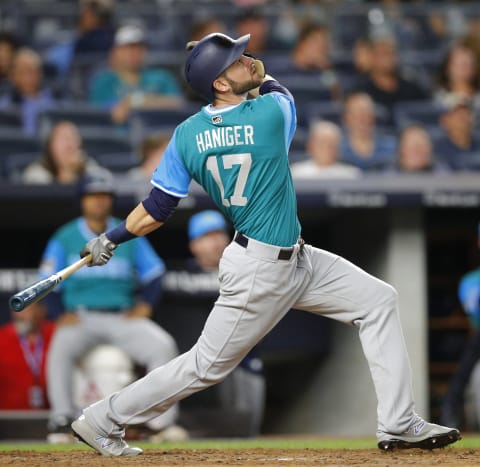 NEW YORK, NY – AUGUST 25: Mitch Haniger #17 of the Seattle Mariners bats in an MLB baseball game against the New York Yankees on August 25, 2017 at Yankee Stadium in the Bronx borough of New York City. Mariners won 2-1 in 11 innings. Players wore different design uniforms with their nicknames on their backs in games played on this MLB Players Weekend. (Photo by Paul Bereswill/Getty Images)