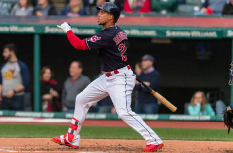 CLEVELAND, OH – APRIL 27: Michael Brantley #23 of the Cleveland Indians hits a solo home run during the first inning against the Seattle Mariners at Progressive Field on April 27, 2018, in Cleveland, Ohio. (Photo by Jason Miller/Getty Images)