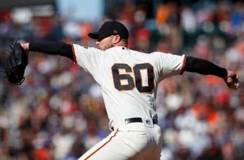 SAN FRANCISCO, CA – APRIL 29: Hunter Strickland #60 of the San Francisco Giants pitches against the Los Angeles Dodgers during the ninth inning at AT&T Park on April 29, 2018 in San Francisco, California. The San Francisco Giants defeated the Los Angeles Dodgers 4-2. (Photo by Jason O. Watson/Getty Images)