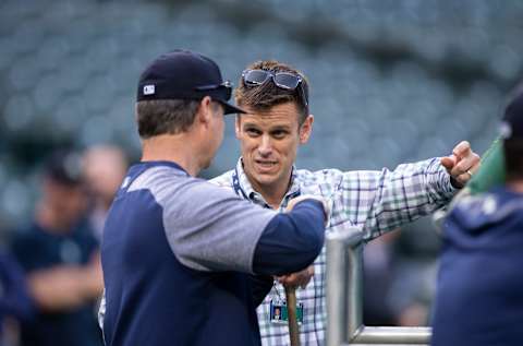 SEATTLE, WA – MAY 3: Seattle Mariners general manager Jerry Dipoto talks with manager Scott Servais before a game. Avengers. (Photo by Stephen Brashear/Getty Images)