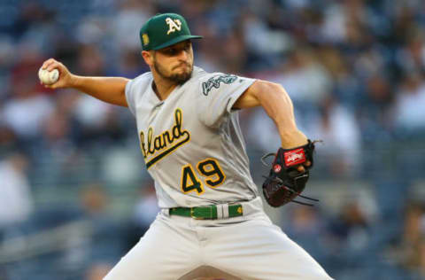 NEW YORK, NY – MAY 11: Kendall Graveman #49 of the Oakland Athletics pitches in the first inning against the New York Yankees at Yankee Stadium on May 11, 2018 in the Bronx borough of New York City. (Photo by Mike Stobe/Getty Images)