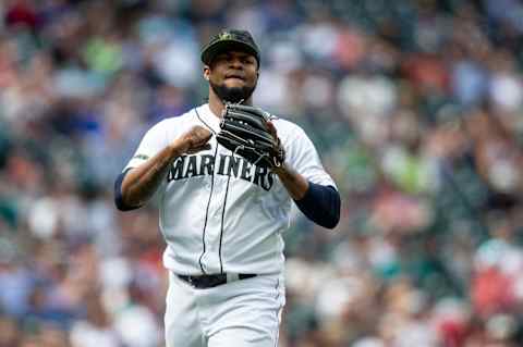 SEATTLE, WA – MAY 28: Relief pitcher Alex Colome #48 of the Seattle Mariners reacts after pitching during the eighth inning of a game against the Texas Rangers at Safeco Field on May 28, 2018 in Seattle, Washington. The Mariners won the game 2-1. MLB players across the league are wearing special uniforms to commemorate Memorial Day. (Photo by Stephen Brashear/Getty Images)