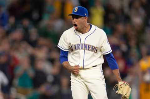 SEATTLE, WA – JUNE 3: Reliever Edwin Diaz #39 of the Seattle Mariners reacts after the final out of a game against the Tampa Bay Rays at Safeco Field on June 3, 2018 in Seattle, Washington. The Mariners won 2-1. (Photo by Stephen Brashear/Getty Images)