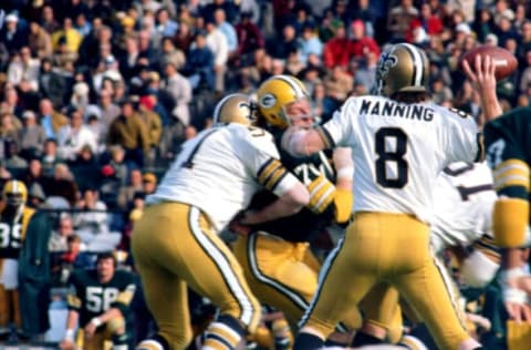 NEW ORLEANS – DECEMBER 17: Archie Manning, Quarterback of the New Orleans Saints, during the final NFL football game of the 1972 season against the Green Bay Packers in Tulane Stadium, New Orleans, Louisiana, December 17, 1972. The Green Bay Packers defeated the New Orleans Saints 30-20. (Photo by Ross Lewis/Getty Images)