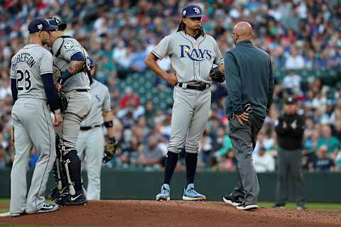 SEATTLE, WA – JUNE 02: Chris Archer #22 of the Tampa Bay Rays has a conversation with teammates in the third inning against the Seattle Mariners during their game at Safeco Field on June 2, 2018 in Seattle, Washington. (Photo by Abbie Parr/Getty Images)