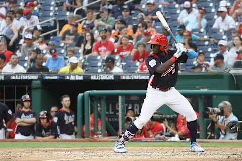 WASHINGTON, DC – JULY 15: Taylor Trammell #5 of the Cincinnati Reds and the U.S. Team bats during the sixth inning against the World Team during the SiriusXM All-Star Futures Game at Nationals Park on July 15, 2018 in Washington, DC. (Photo by Rob Carr/Getty Images)