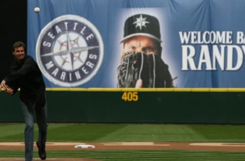 SEATTLE – APRIL 12: Former Mariners star Randy Johnson throws out the ceremonial first pitch prior to the Mariners’ home opener against the Oakland Athletics at Safeco Field on April 12, 2010 in Seattle, Washington. (Photo by Otto Greule Jr/Getty Images)