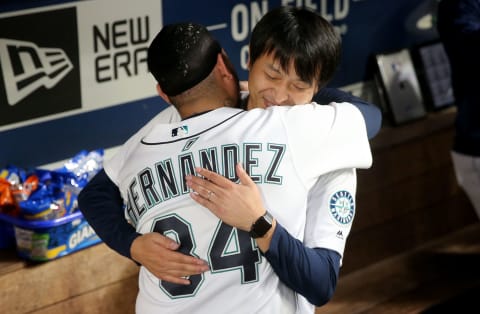 SEATTLE, WA – SEPTEMBER 26: Former Seattle Mariners starting pitcher Hisashi Iwakuma hugs Felix Hernandez #34 of the Seattle Mariners. (Photo by Abbie Parr/Getty Images)