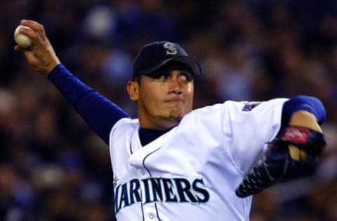 Seattle Mariners starting pitcher Freddy Garcia hurls in the first inning of game two of the American League Championship Series against the New York Yankees 18 October 2001 at Safeco Field in Seattle, WA. The Yankees lead the best-of-seven game series 1-0. AFP PHOTO/John MABANGLO (Photo by JOHN G. MABANGLO / AFP) (Photo by JOHN G. MABANGLO/AFP via Getty Images)