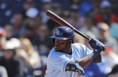 WEST PALM BEACH, FLORIDA – FEBRUARY 28: Vidal Brujan #22 of the Tampa Bay Rays in action against the Washington Nationals during a the Grapefruit League spring training game at FITTEAM Ballpark of The Palm Beaches on February 28, 2020 in West Palm Beach, Florida. (Photo by Michael Reaves/Getty Images)