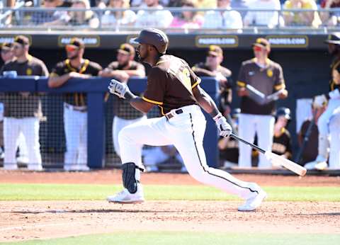 PEORIA, ARIZONA – MARCH 04: Taylor Trammell then of the Padres, now of the Mariners, hits an RBI single against the Royals during a spring training game on March 04, 2020. (Photo by Norm Hall/Getty Images)