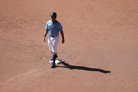 SEATTLE, WASHINGTON – JULY 13: Julio Rodriguez #85 of the Seattle Mariners looks on from second base during an intra-squad game. (Photo by Abbie Parr/Getty Images)