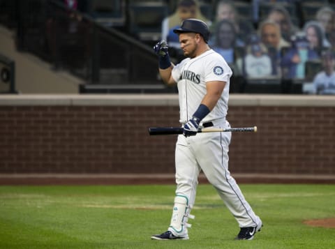 SEATTLE, WA – AUGUST 05: Daniel Vogelbach of the Seattle Mariners walks back to the dugout after fouling out against the Los Angeles Angels. (Photo by Lindsey Wasson/Getty Images)