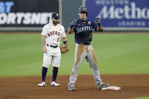 Dylan Moore of the Seattle Mariners after a double in the sixth inning against the Houston Astros at Minute Maid Park in Houston, Texas. (Photo by Tim Warner/Getty Images)