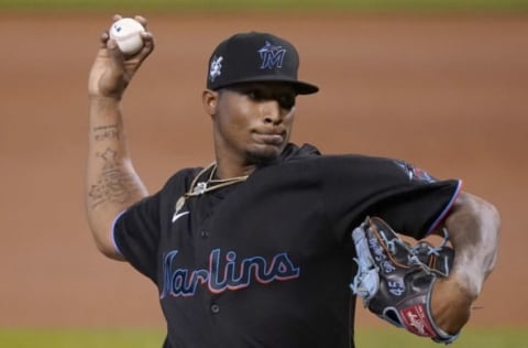 MIAMI, FLORIDA – AUGUST 28: Sixto Sanchez #42 of the Miami Marlins delivers a pitch in the first inning against the Tampa Bay Rays at Marlins Park on August 28, 2020 in Miami, Florida. All players are wearing #42 in honor of Jackie Robinson Day. The day honoring Jackie Robinson, traditionally held on April 15, was rescheduled due to the COVID-19 pandemic. (Photo by Mark Brown/Getty Images)