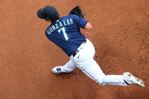 SEATTLE, WASHINGTON – SEPTEMBER 21: Marco Gonzales of the Seattle Mariners warms up before their game against the Astros. (Photo by Abbie Parr/Getty Images)