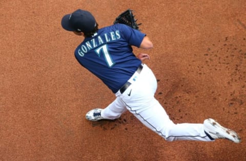 SEATTLE, WASHINGTON – SEPTEMBER 21: Marco Gonzales of the Seattle Mariners warms up before their game against the Astros. (Photo by Abbie Parr/Getty Images)