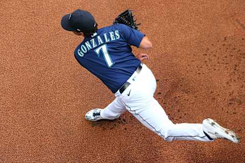 SEATTLE, WASHINGTON – SEPTEMBER 21: Marco Gonzales of the Seattle Mariners warms up before their game against the Houston Astros. (Photo by Abbie Parr/Getty Images)