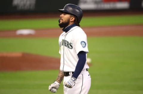 SEATTLE, WASHINGTON – SEPTEMBER 22: J.P. Crawford of the Seattle Mariners reacts after grounding out to first in the third inning. (Photo by Abbie Parr/Getty Images)